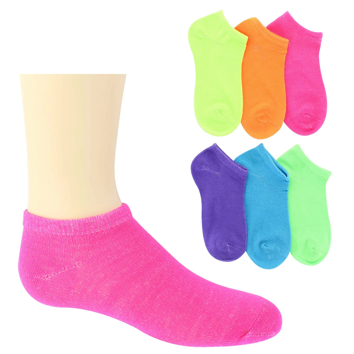 Girls' Dominique Nicole Neon No-Show 6-Pair Pack